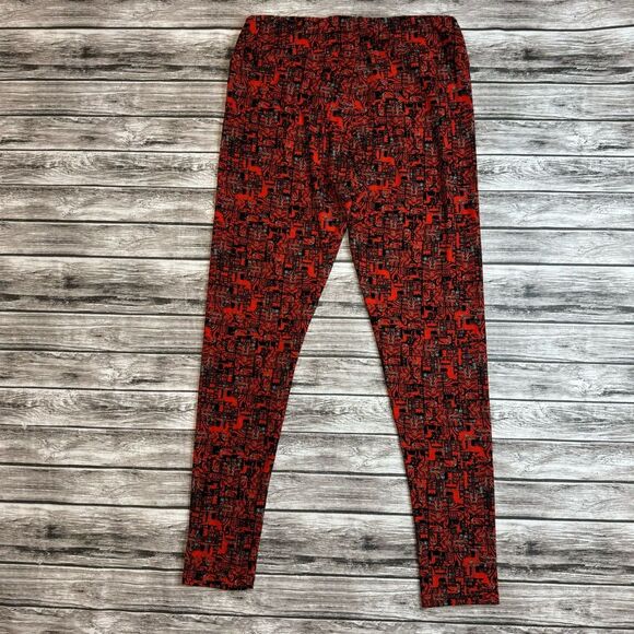 LuLaRoe Womens Stretchy Geometric Print Red Black Leggings Tall & Curvy One Size - Picture 2 of 10